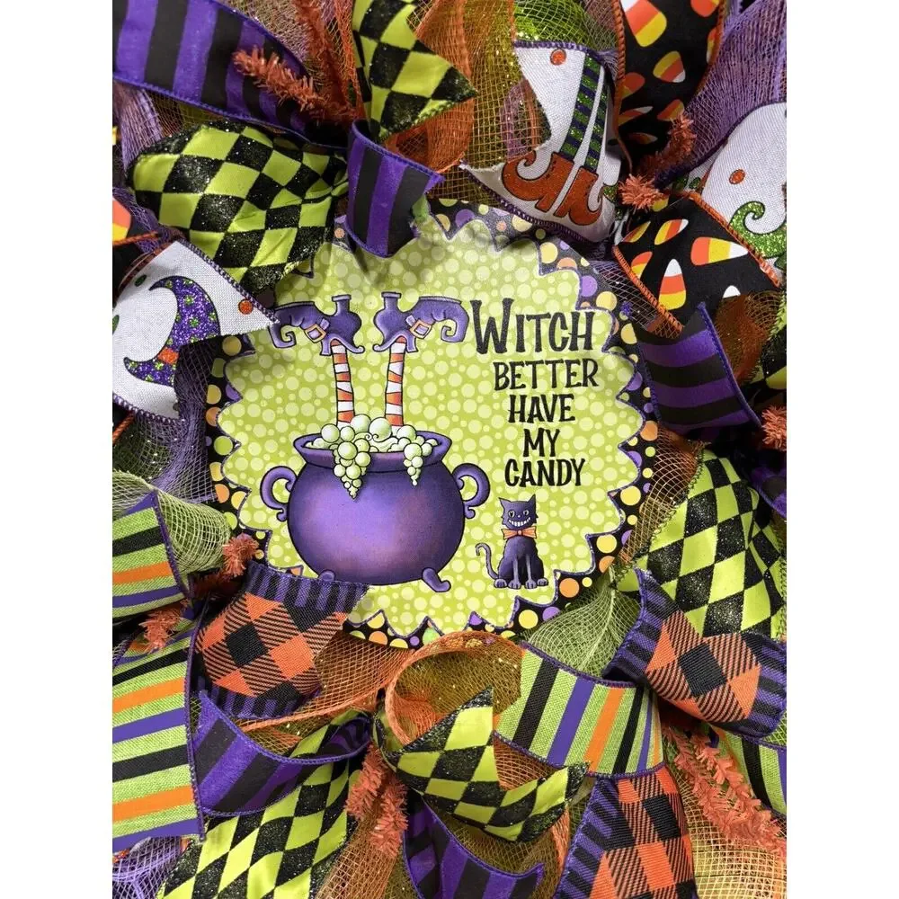 Halloween Witch Wreath Orange Purple Green Deco Mesh Handmade 24 Inch